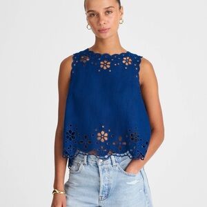 Madewell Embroidered Eyelet High-Low Tank Top Blue Linen Size M NWT Coastal